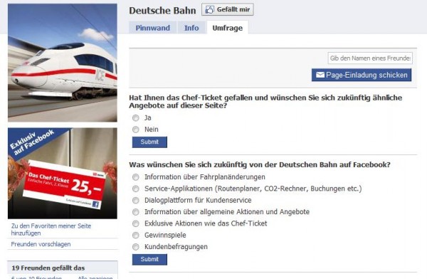 Umfrage auf der Facebook Seite der Deutschen Bahn