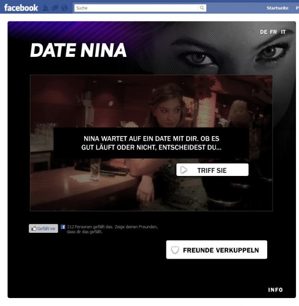 Facebook Applikation "Date Nina" - Startbildschirm