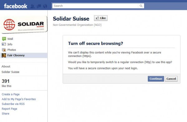 Fehlende HTTPS-Unterstützung Solidar Suisse (Französisch) Facebookseite