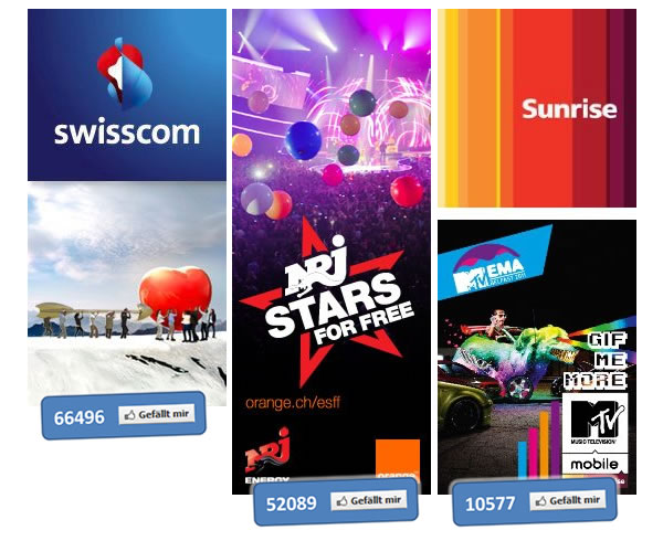 Die Facebookseiten von Swisscom, Orange und Sunrise im Vergleich