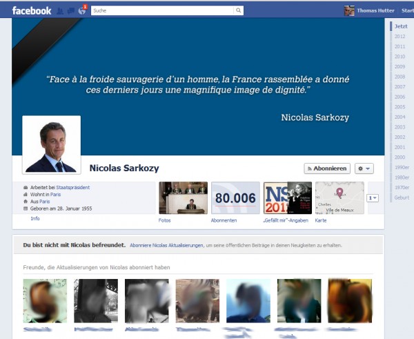 Facebook Timeline Profil mit Subsribe von Nicolas Sarkozy