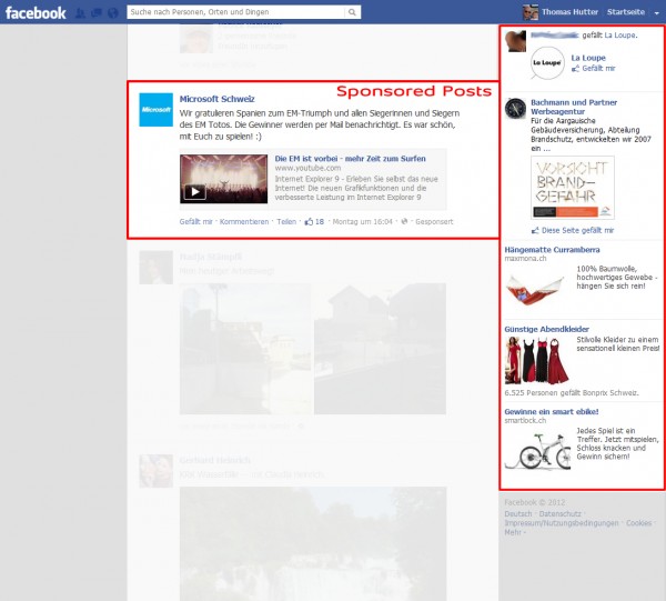 Facebook Werbeanzeigen - Platzierung in der rechten Spalte - Promoted Posts in der Mitte
