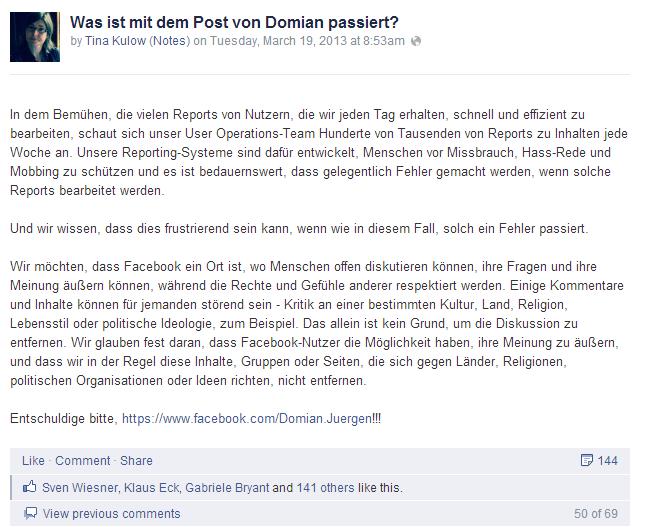 Feedback von Tina Kulow (Facebook Deutschland): Was ist mit dem Post von Domian passiert?