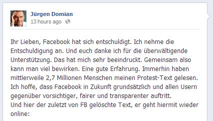 Antwort von Jürgen Domian auf die Entschuldigung von Facebook