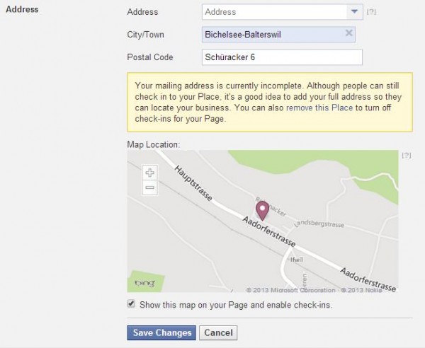 Kartendarstellung und Check-In-Aktivierung in den Seiteneinstellungen von Facebook