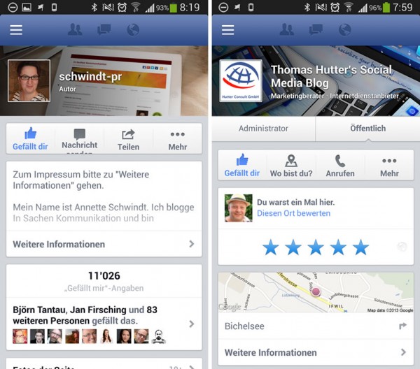 Vergleich Facebook Seite vs Facebook Ort in der mobilen Darstellung. Die Variante links zeigt Informationen zum Impressum, die Variante auf der rechten Seite nicht.