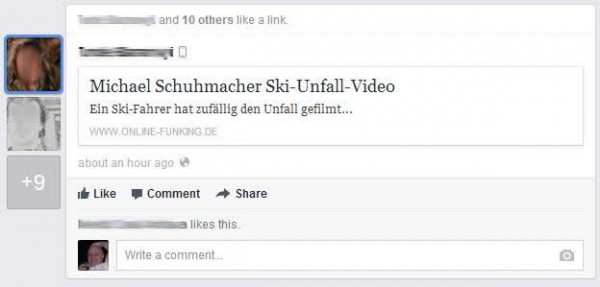 News Feed mit Hinweis auf Michael Schumacher Ski-Unfall-Video