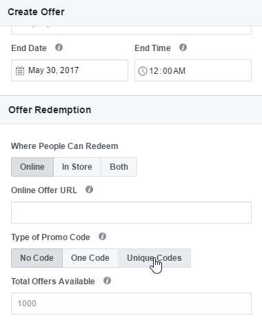 Auswahlmöglichkeit "Unique Codes" bei der Erstellung von Facebook Angeboten