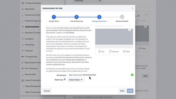 Autorisierungsprozess für politische Wahlwerbung. Screenshot: Facebook