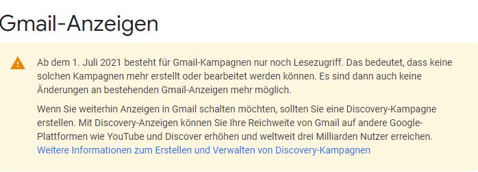 Gmail-Kampagnen werden Deaktiviert (Quelle: Google Ads Hilfe)