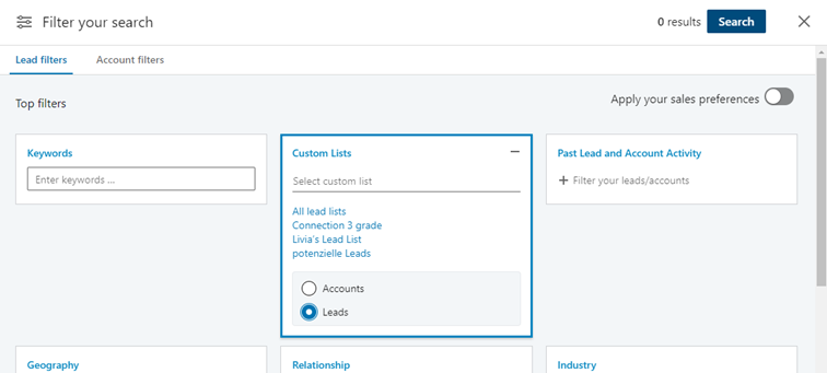 Custom List für Leads, LinkedIn Sales Navigator (Quelle: LinkedIn)