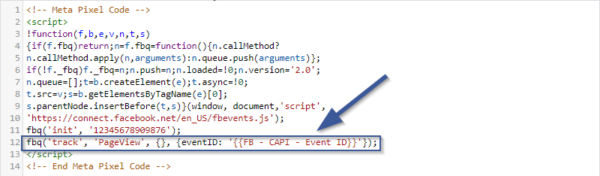 Ergänzung des PageView-Events im Meta Pixel Basis-Code. Hinweis: Da die Event ID als viertes Argument übergeben werden muss und im PageView keine Custom Parameter übergeben werden, wird das dritte Argument leer übergeben.